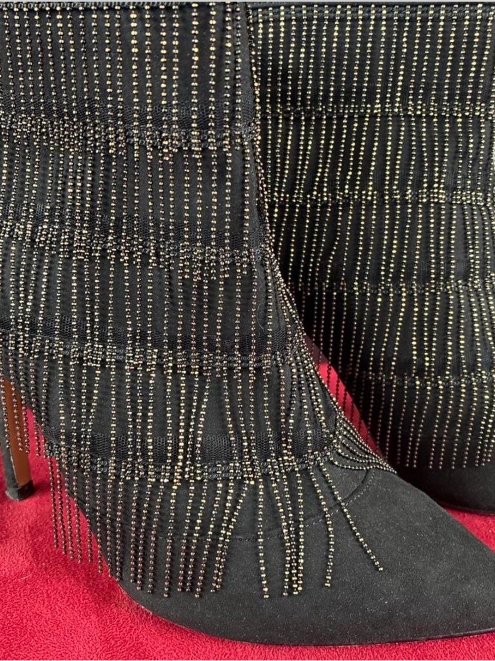 New York & Company Black Suede Fringe Booties with Gold Beading